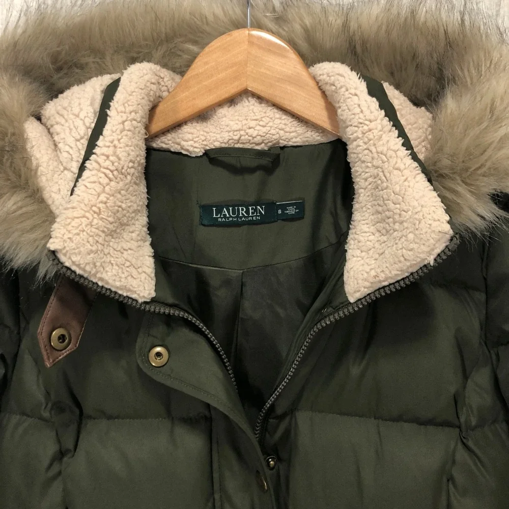Lauren Ralph Lauren Womens Olive Green Quilted Puffer Parka Faux‎ Fur Hood Small